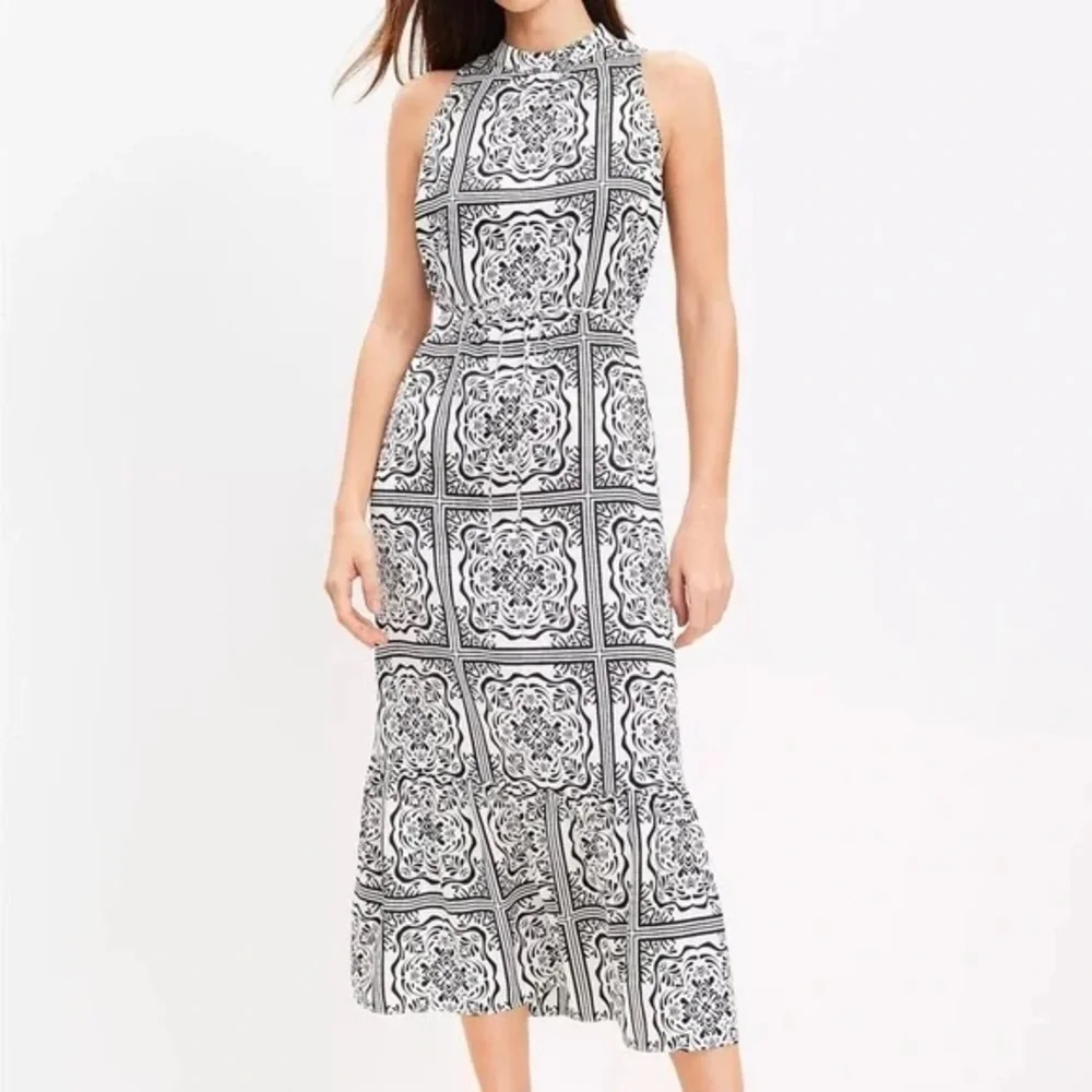 LOFT Sleeveless Tile Print Midi Dress Women’s XL NWT Black & White Ruffle Hem - Picture 1 of 12